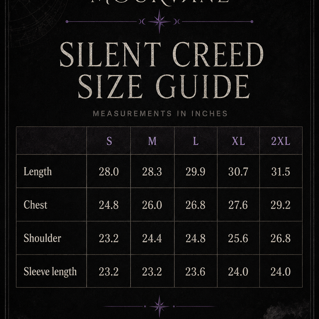 A size guide chart for the Mourvane Silent Creed line, displaying measurements in inches for sizes S through 2XL on a dark textured background.