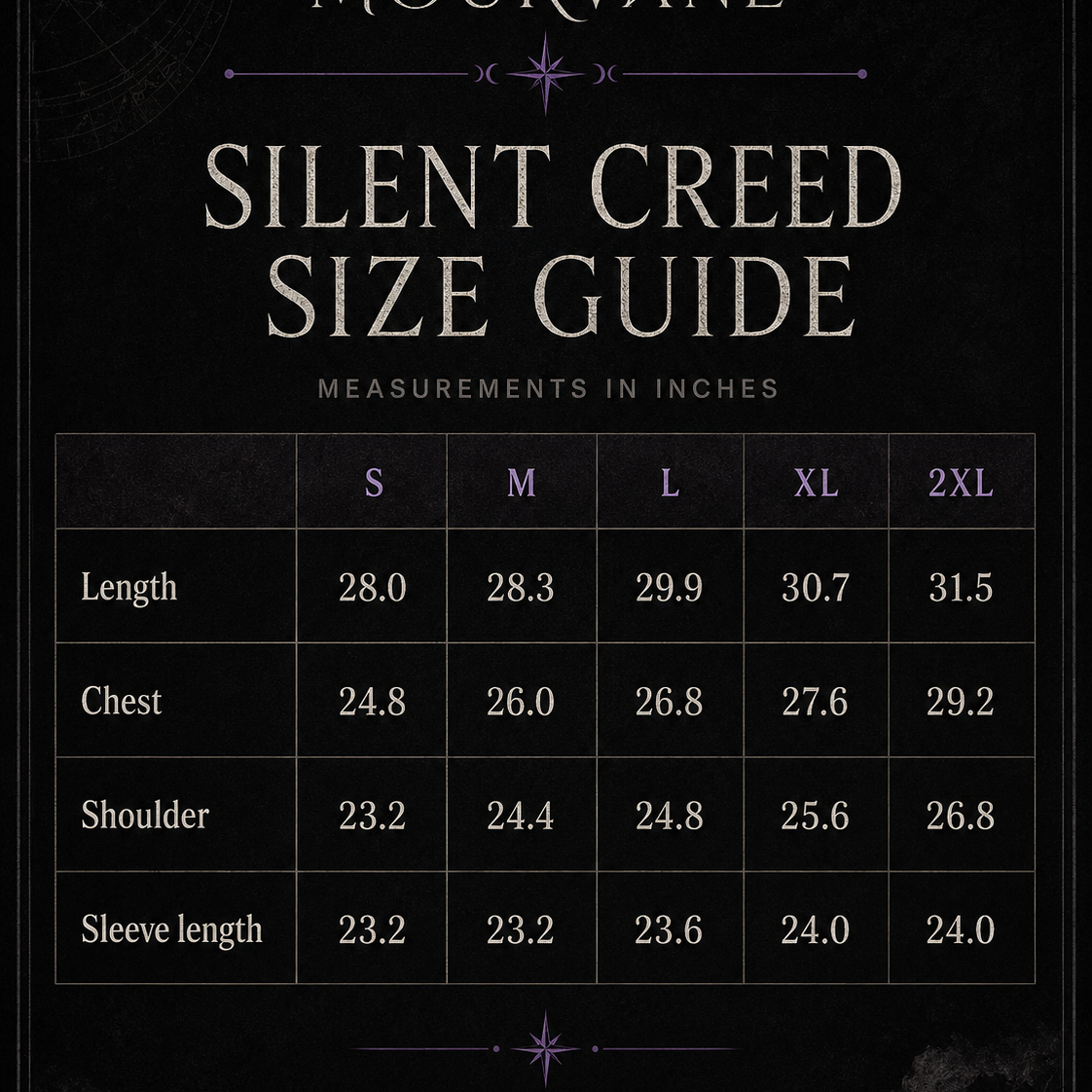 A size guide chart for the Mourvane Silent Creed line, displaying measurements in inches for sizes S through 2XL on a dark textured background.